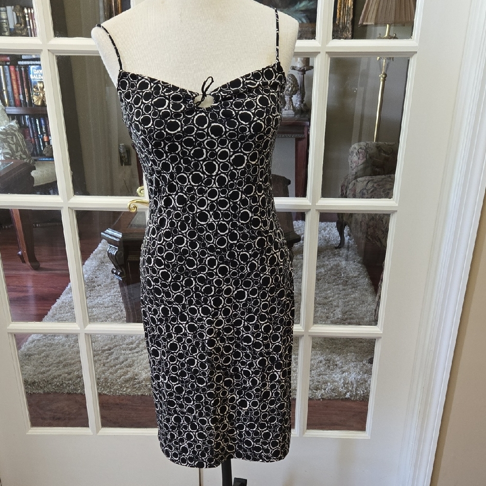 Kenneth Cole Black White Dotted Sheath Midi Dress Spaghetti Strap Stretch XS EUC